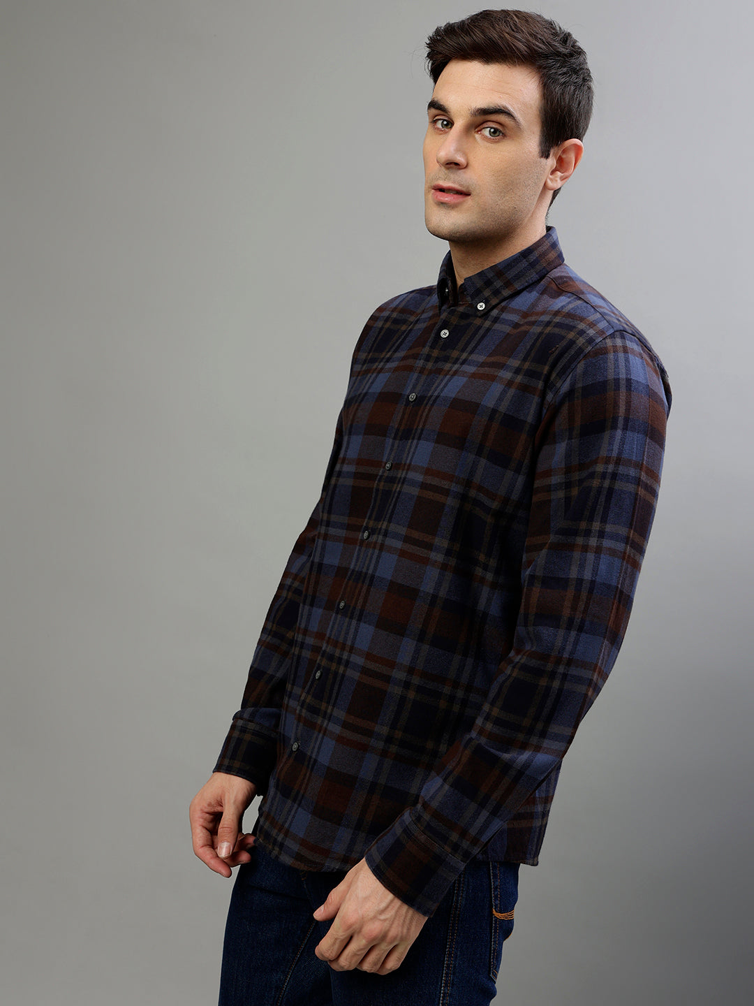 Bruun & Stengade Brown & Blue Fashion Checked Regular Fit Shirt