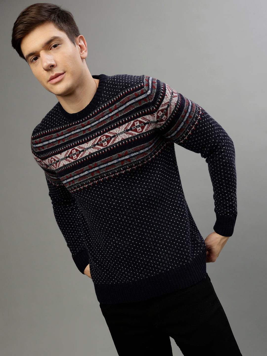 Lindbergh Men Printed Round Neck Full Sleeves Sweater