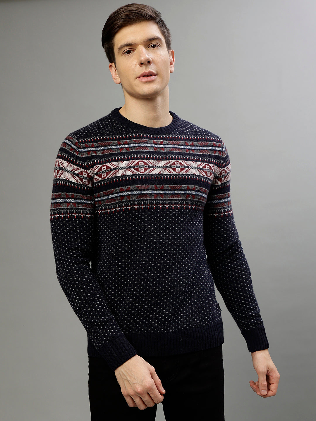 Lindbergh Men Printed Round Neck Full Sleeves Sweater