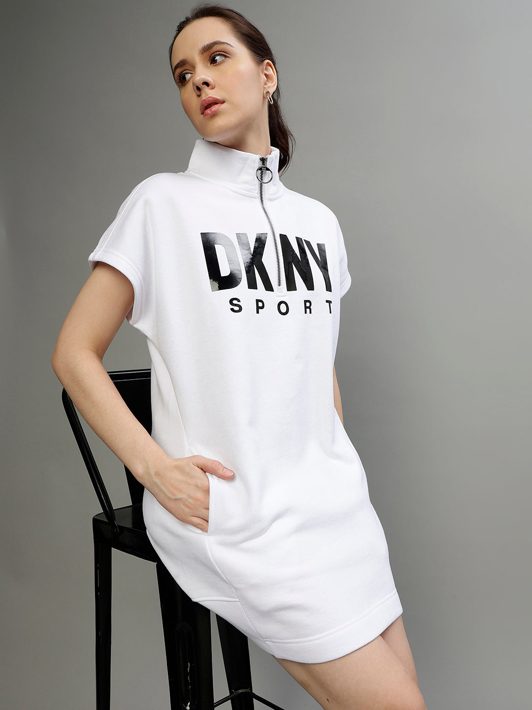 Dkny Women Printed High Neck Short Sleeves Dress