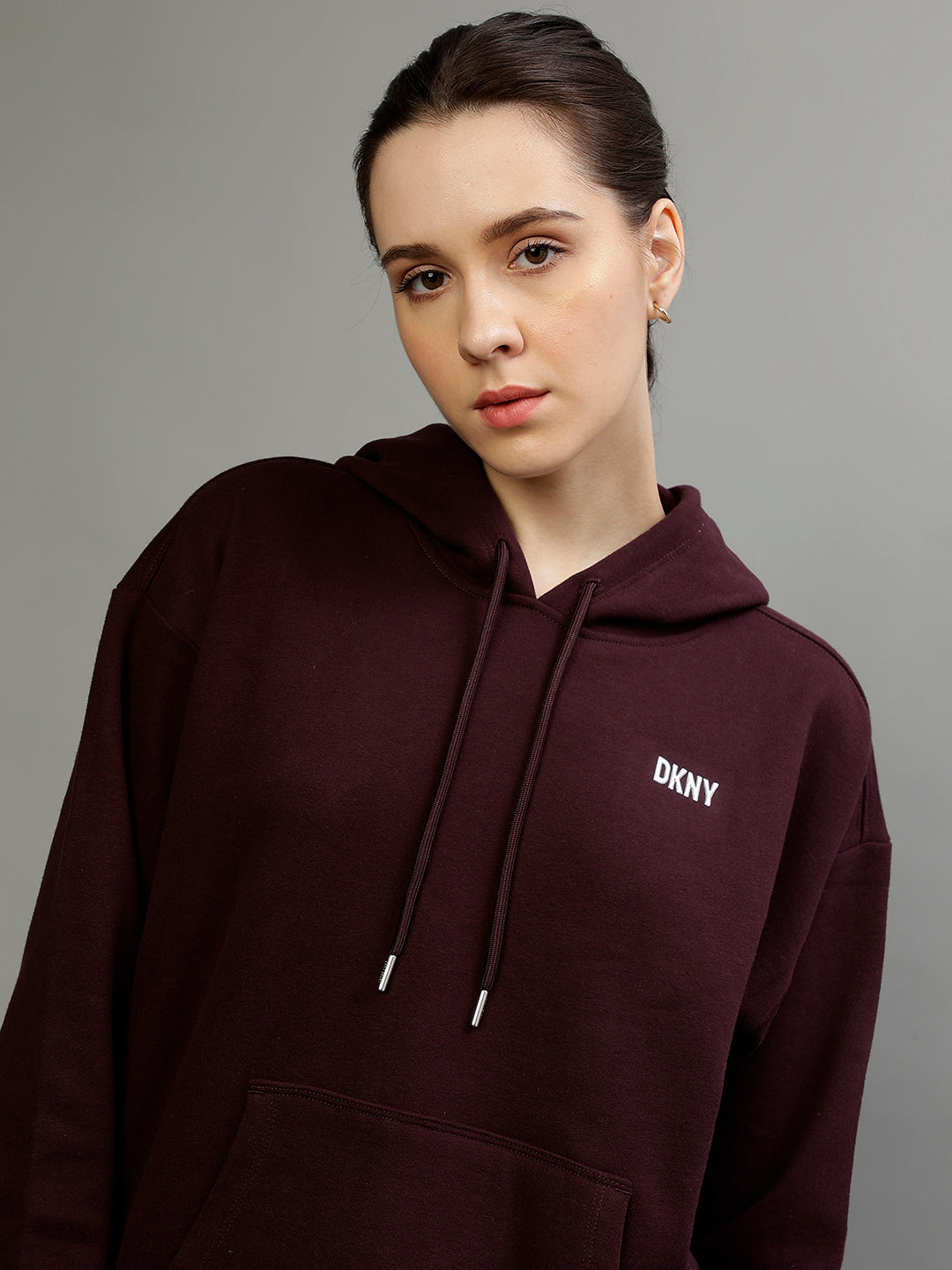 Dkny Women Solid Hooded Full Sleeves Sweatshirt