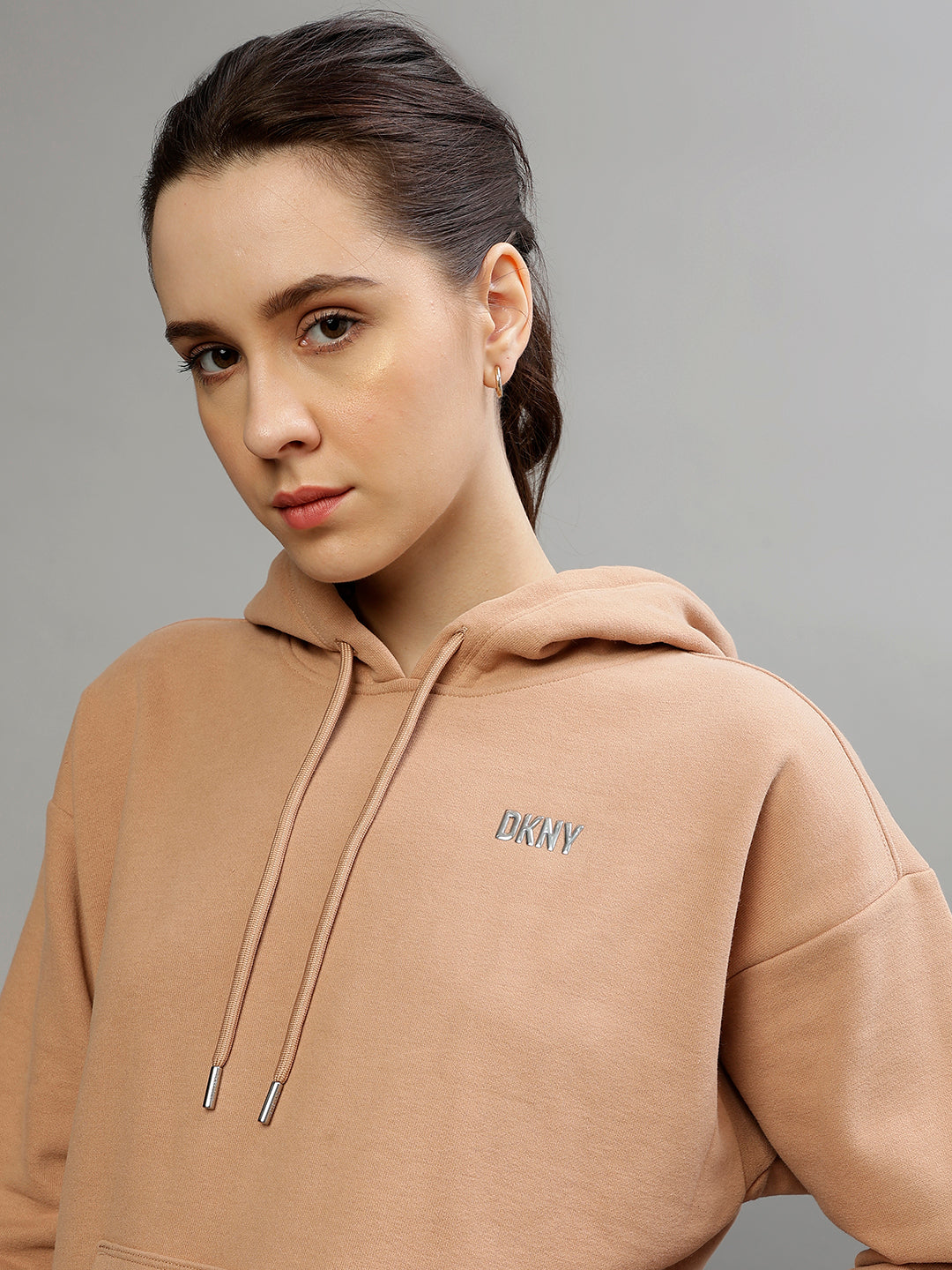 Dkny Women Solid Hooded Full Sleeves Sweatshirt