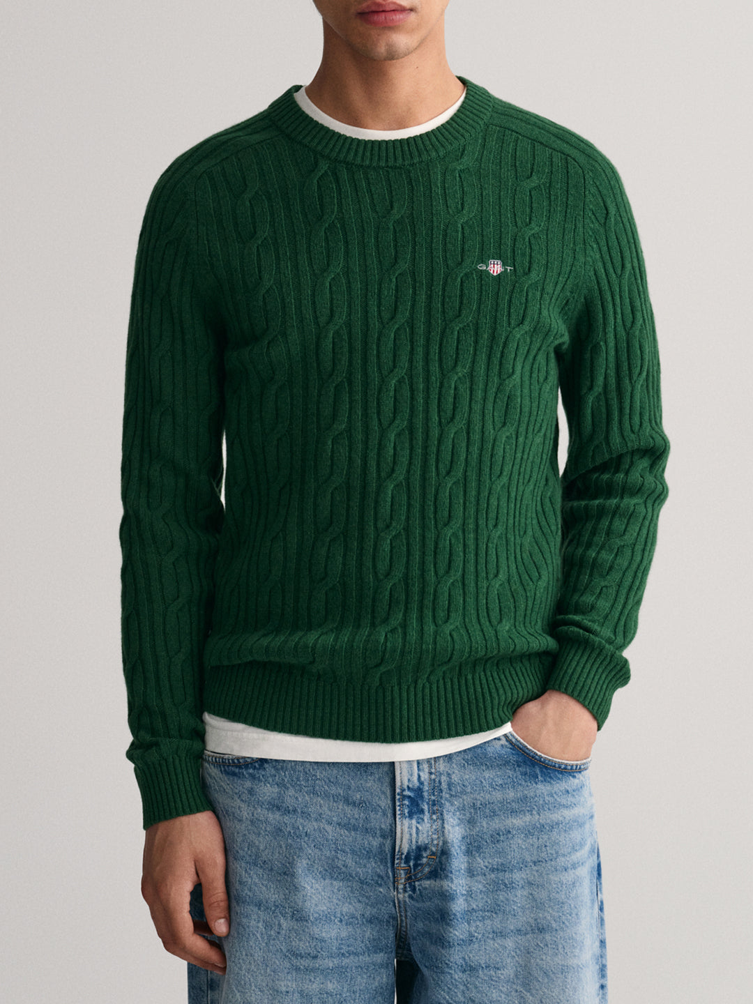 Gant Men Green Solid Round Neck Sweater