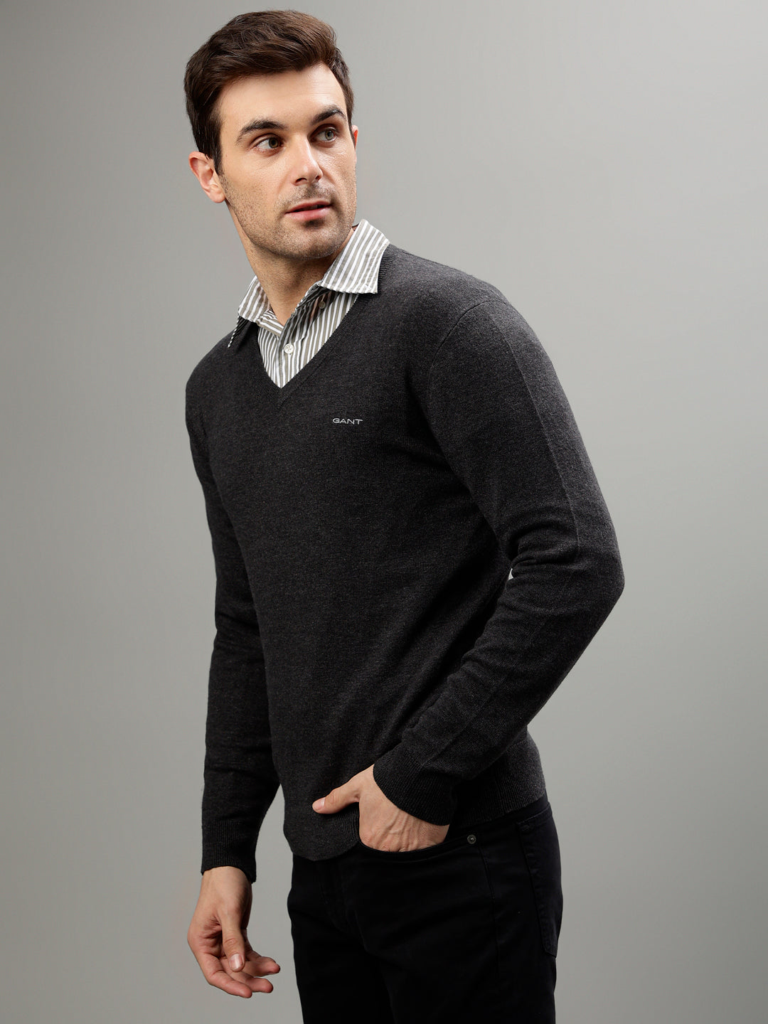 Shop Gant Men Solid V Neck Long Sleeves Sweater Online – Iconic India