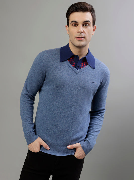 Gant Solid Blue Melange V Neck Full Sleeve Sweater