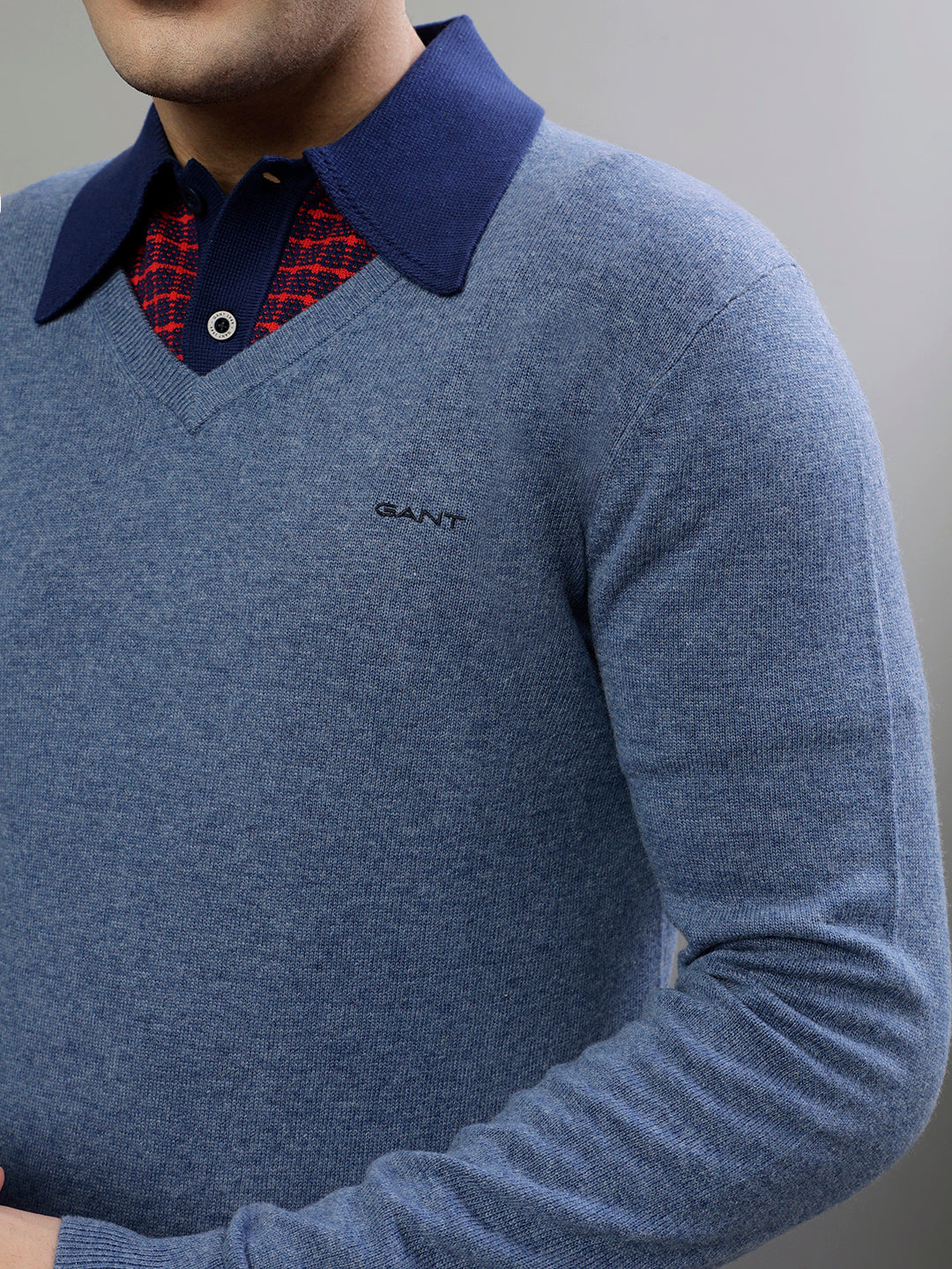 Gant Solid Blue Melange V Neck Full Sleeve Sweater