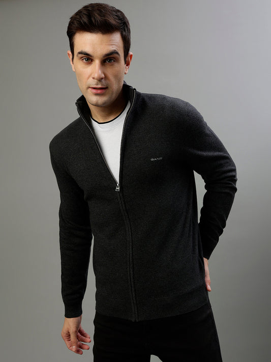 Gant Solid Dark Charcoal Melange High Neck Full Sleeve Sweater