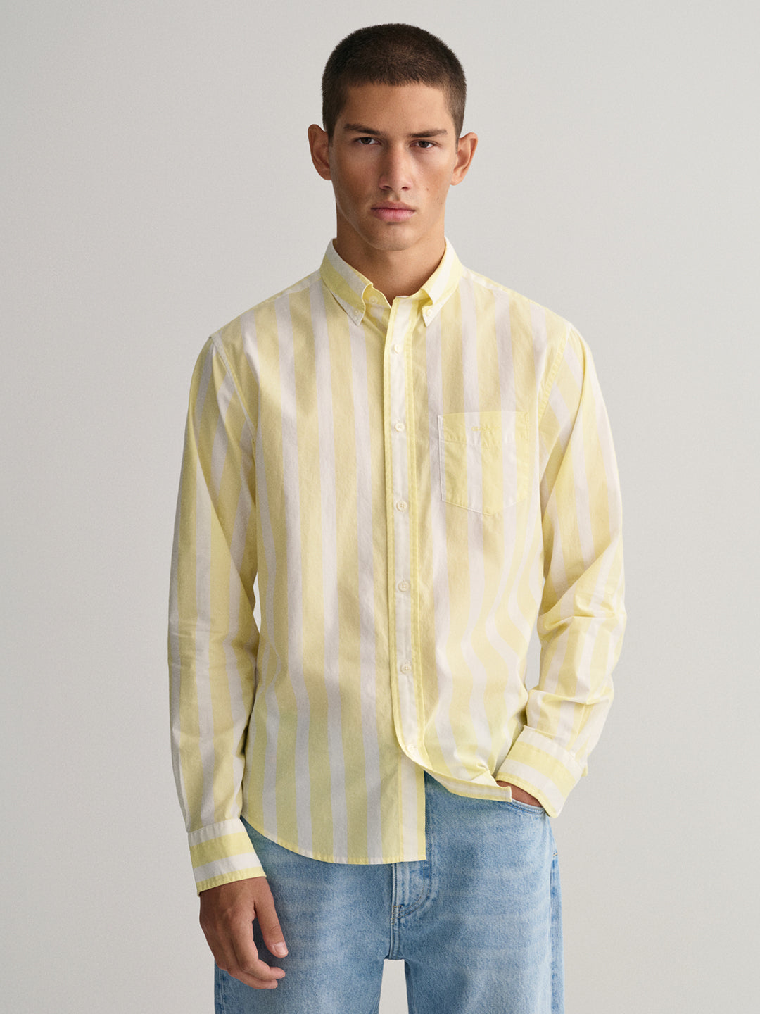 Gant Yellow Untucked Wide Broadcloth Striped Regular Fit Shirt