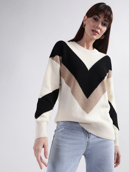 Gant Women Cream-Coloured  Black Colourblocked Pullover