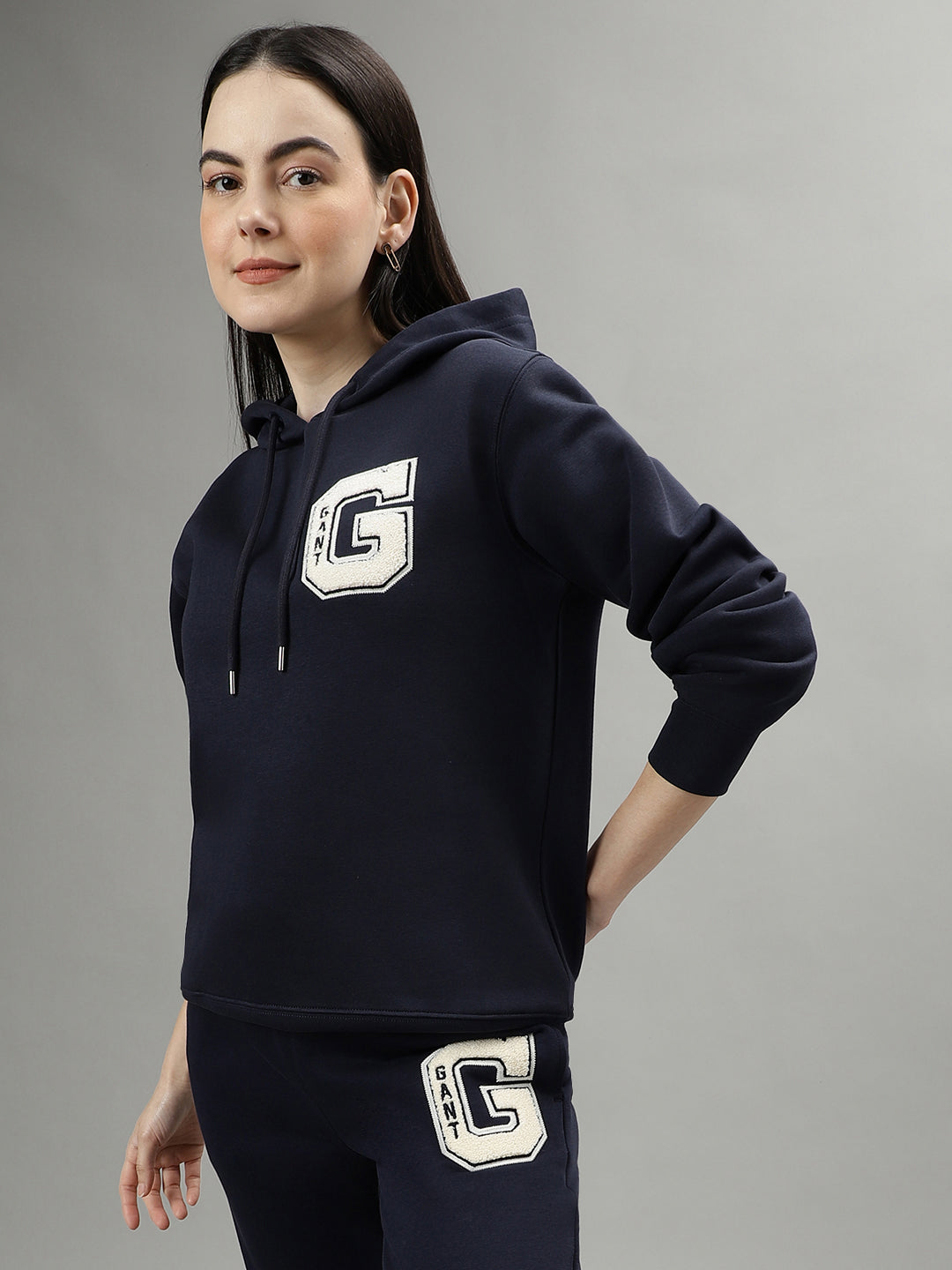 Gant Women Navy Blue Solid Hooded Long Sleeves Sweatshirts