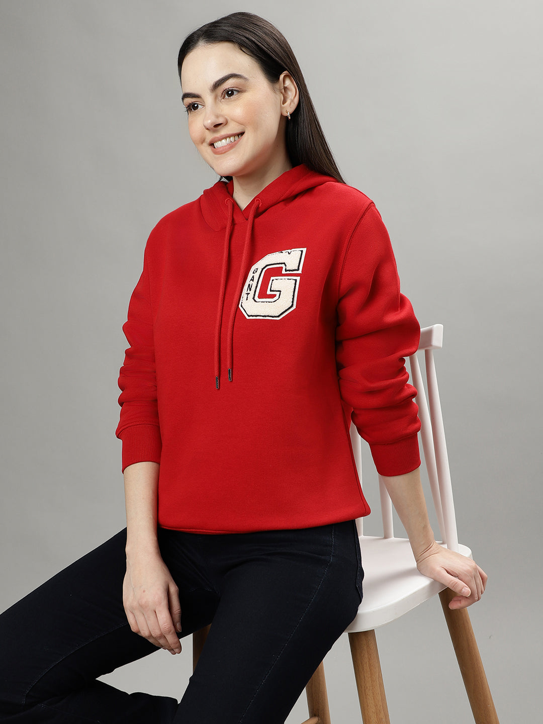 Gant Women Red Solid Hooded Long Sleeves Sweatshirts