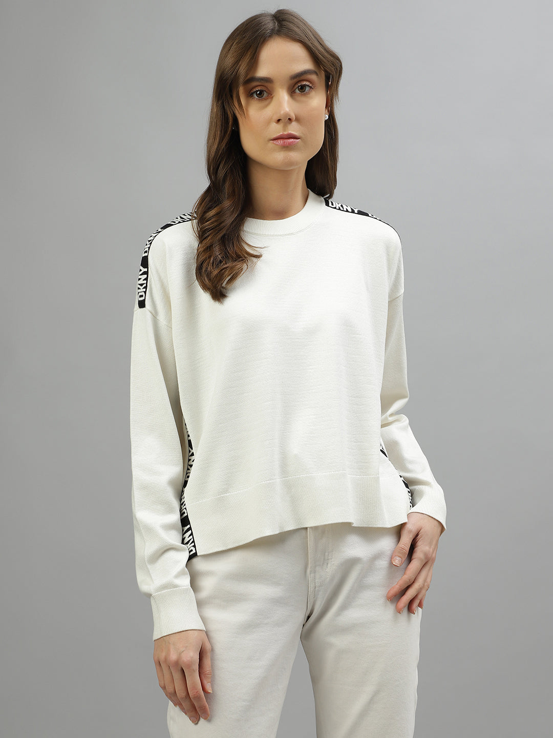 Shop Dkny Women Solid Round Neck Full Sleeves Sweater | ICONIC