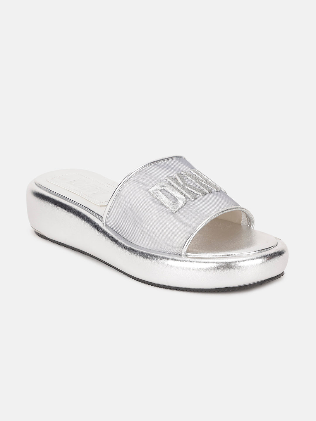 Dkny Women Silver Solid Embroidered Sliders