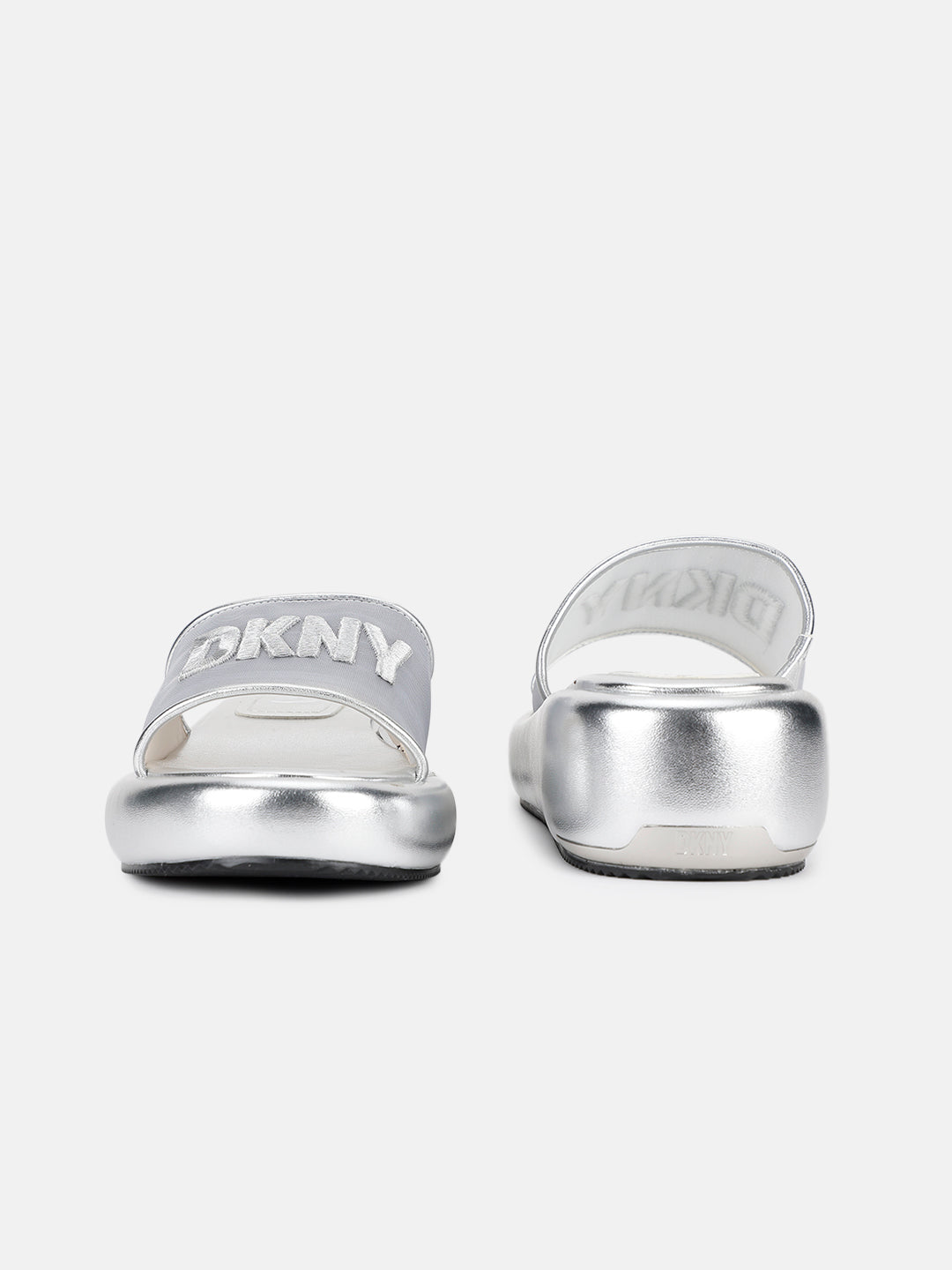 Dkny Women Silver Solid Embroidered Sliders