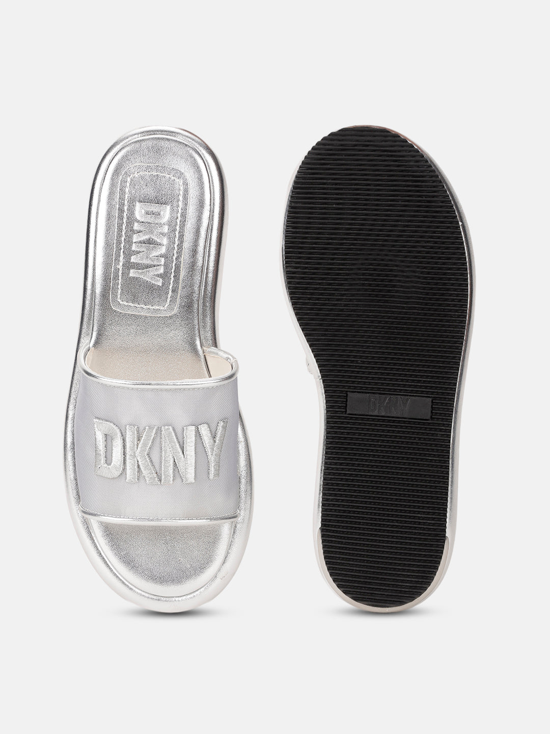 Dkny Women Silver Solid Embroidered Sliders