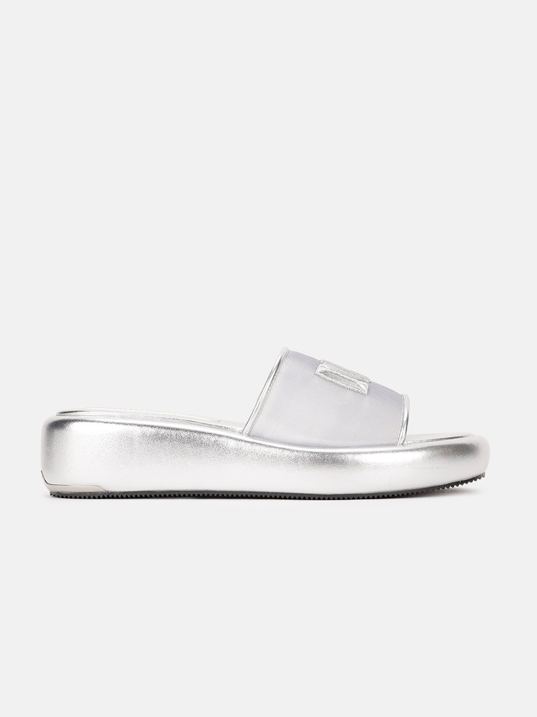 Dkny Women Silver Solid Embroidered Sliders