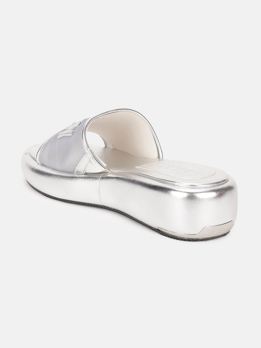 Dkny Women Silver Solid Embroidered Sliders